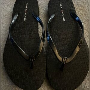 Tommy Hilfiger Black Logo Flip Flops with Gloss Straps
